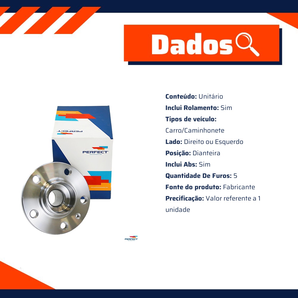 Cubo de Roda Dianteiro Direito ou Esquerdo 5 Furos com Rolamento e ABS - Perfect - CDRD0024