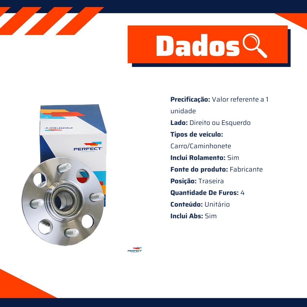 Cubo de Roda Traseiro Direito ou Esquerdo 4 Furos com Rolamento e ABS para Honda Civic - Perfect - CDRT0051