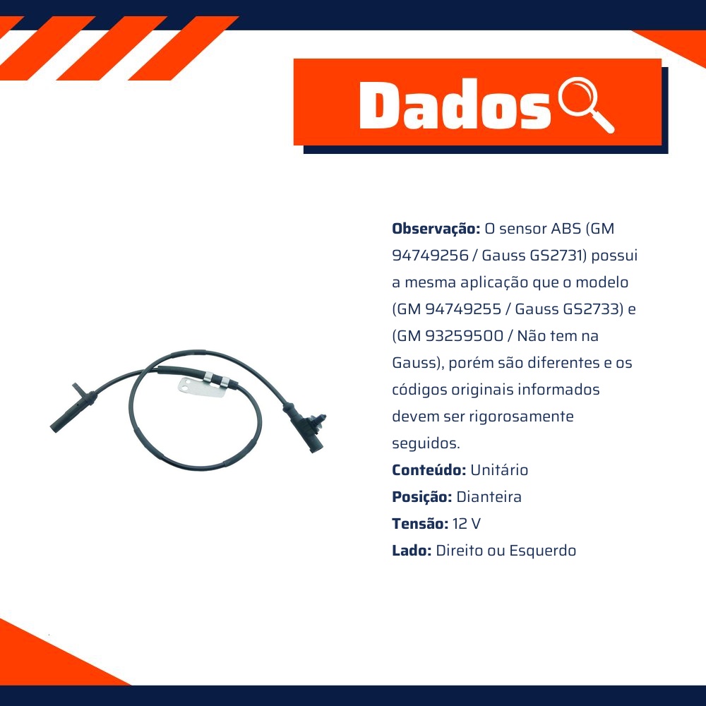 Sensor ABS Dianteiro Direito ou Esquerdo para Chevrolet S10 - Gauss - GS2731