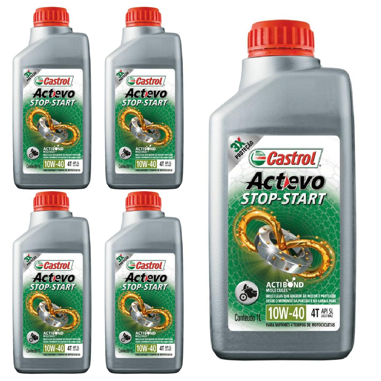 Kit c/ 5L Óleo de Motor para Moto Actevo Stop-Start 4T 10W40 Semissintético - 3430825 - Castrol
