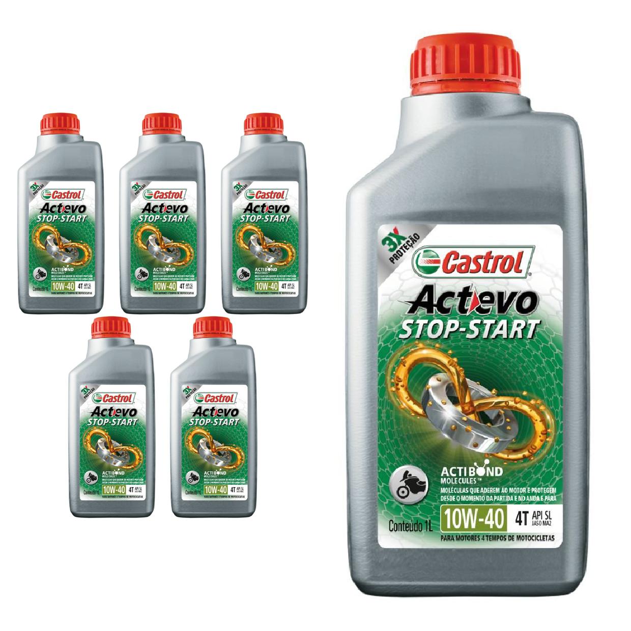 Kit c/ 6L Óleo de Motor para Moto Actevo Stop-Start 4T 10W40 Semissintético - 3430825 - Castrol