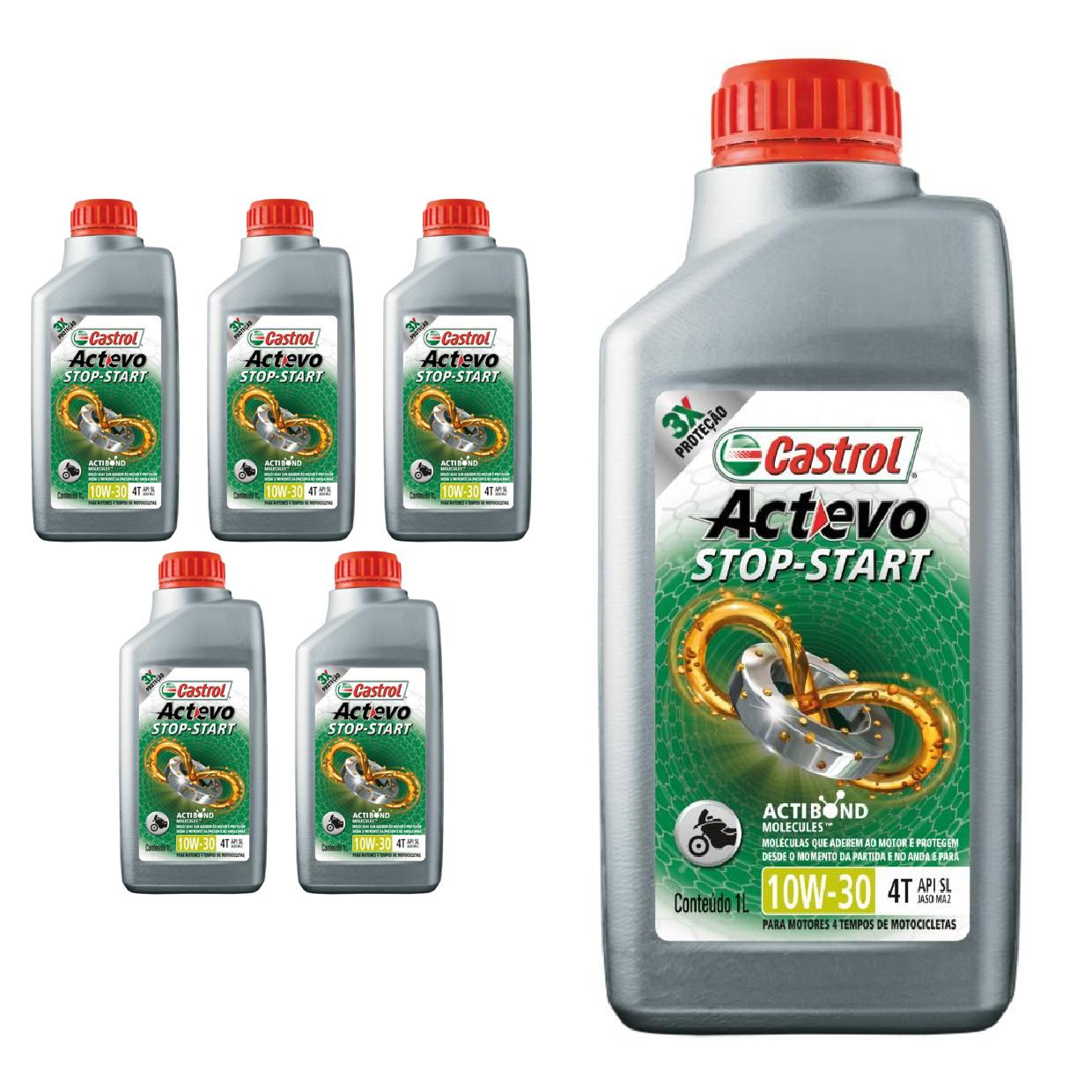 Kit c/ 6L Óleo de Motor para Moto Actevo Stop-Start 4T 10W30 Semissintético - 3430728 - Castrol