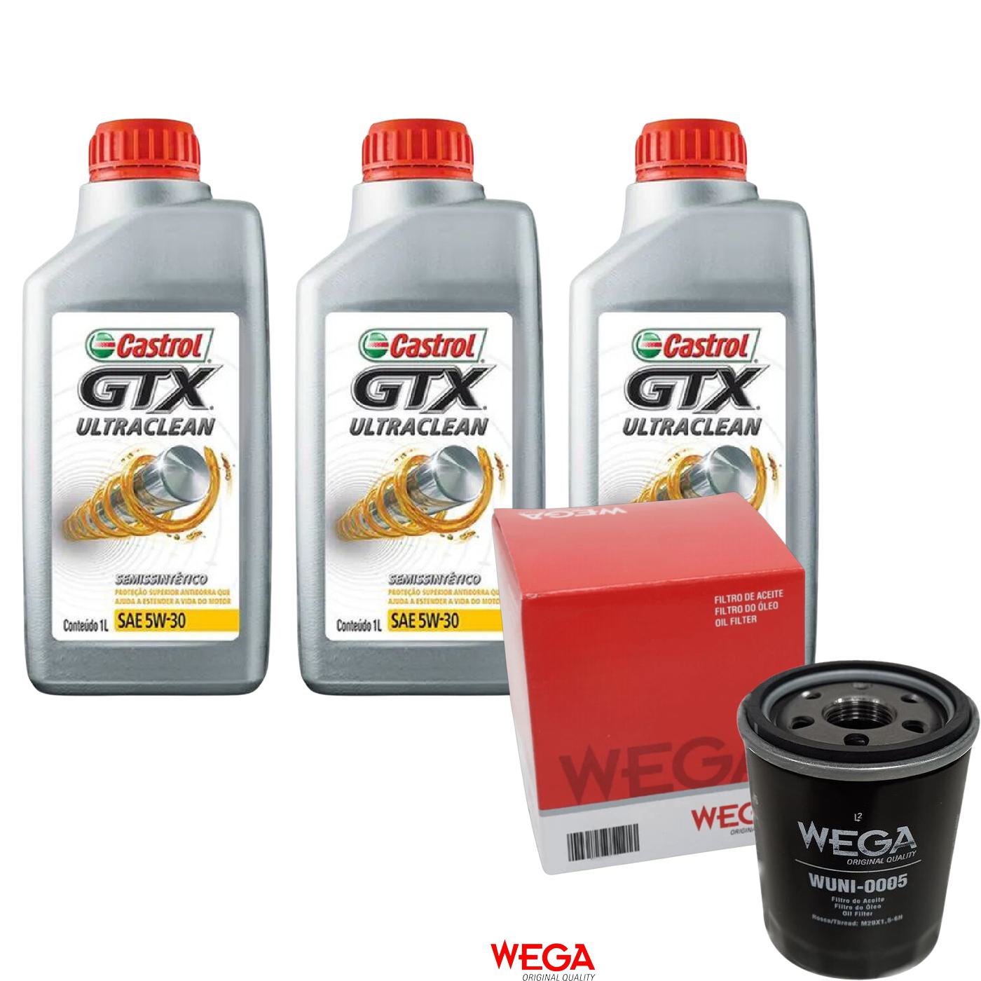 Kit Filtro e 3L Óleo Motor 5W30 GTX - Castrol / Wega - 3435995 / WUNI-0005
