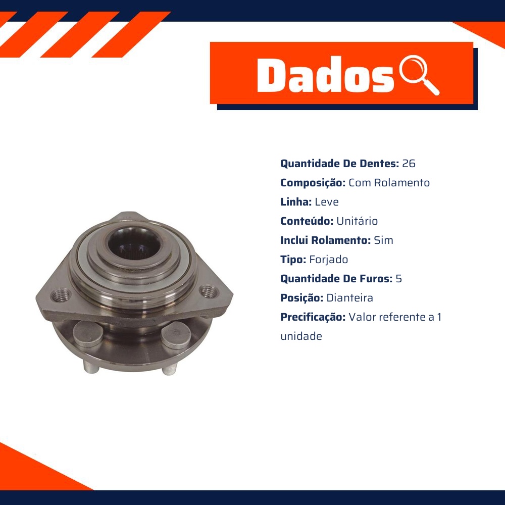 Cubo de Roda Dianteiro 5 Furos 26 Dentes com Rolamento para Chrysler Stratus - IMA - AL-736