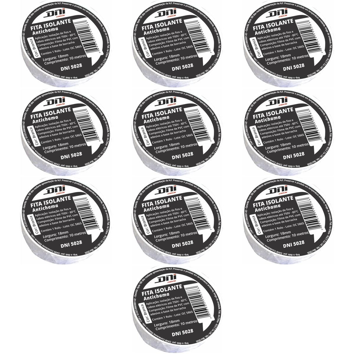 10 Fitas Isolante em PVC Branca Rolo 10 Metros - DNI 5028