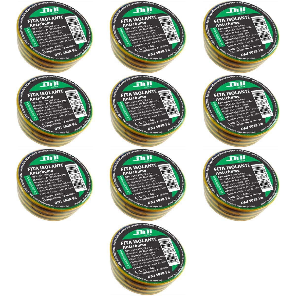 10 Fitas Isolante em PVC Verde Amarela Rolo 5 Metros - DNI 5029-VA