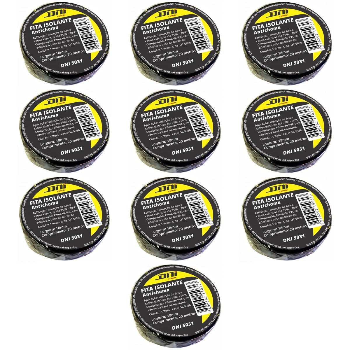 10 Fitas Isolante em PVC Preta Rolo 20 Metros - DNI 5031