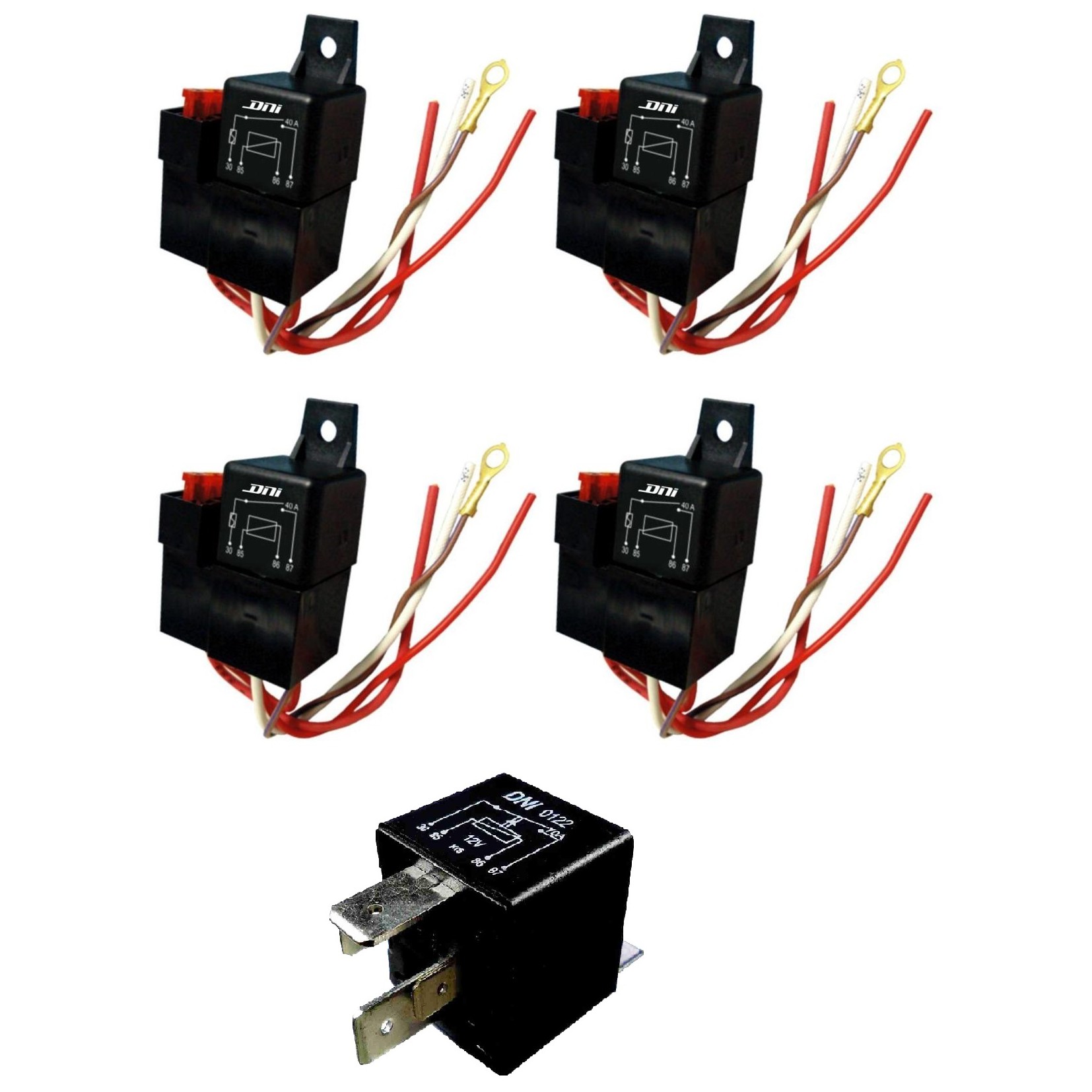 Kit 4 Relé Auxiliar Universal 12V 40A e 1 Relé Auxiliar 12V 70A - DNI 0122 - DNI 0110