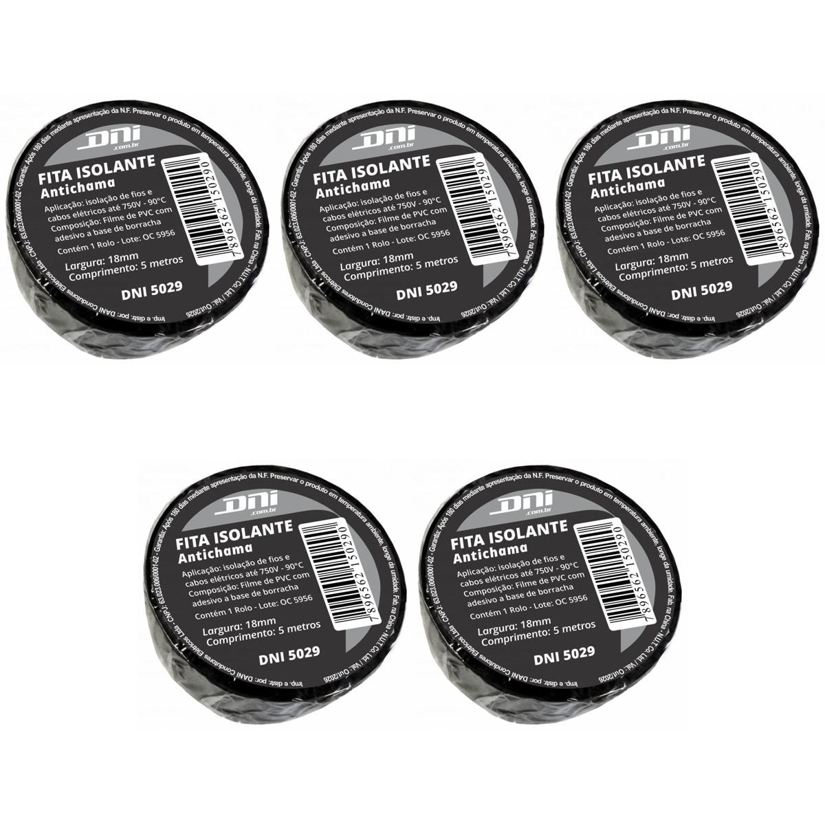 5 Fitas Isolante em PVC Preta Rolo 5 Metros - DNI 5029