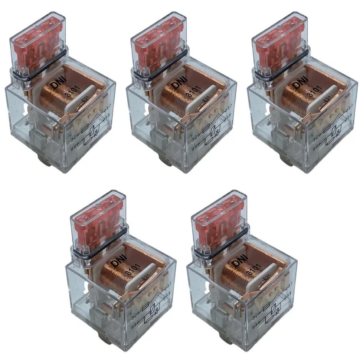 5 Relés Auxiliar Acrílico com LED Fusível 40A 12V 4 Terminais - DNI 8101