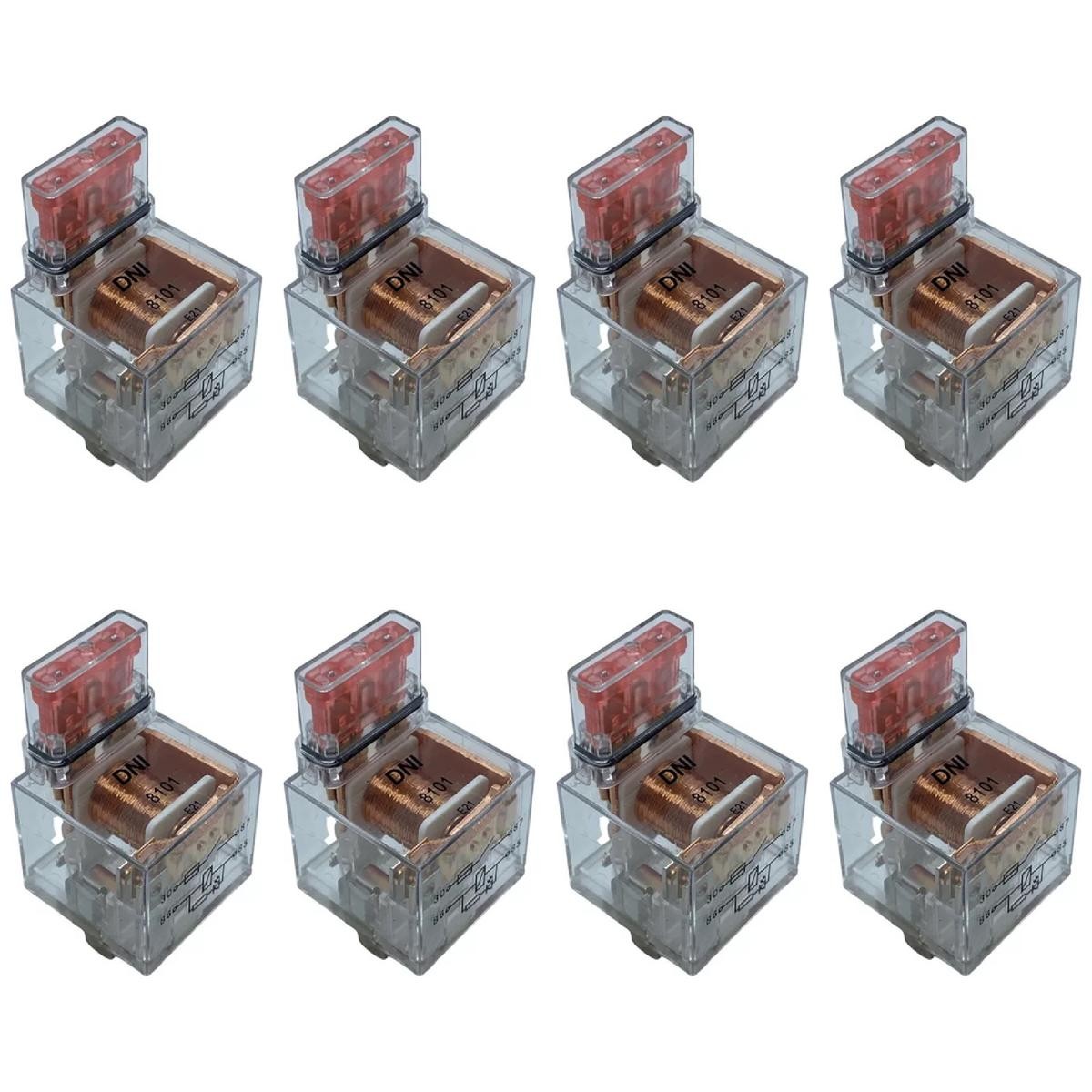 8 Relés Auxiliar Acrílico com LED Fusível 40A 12V 4 Terminais - DNI 8101