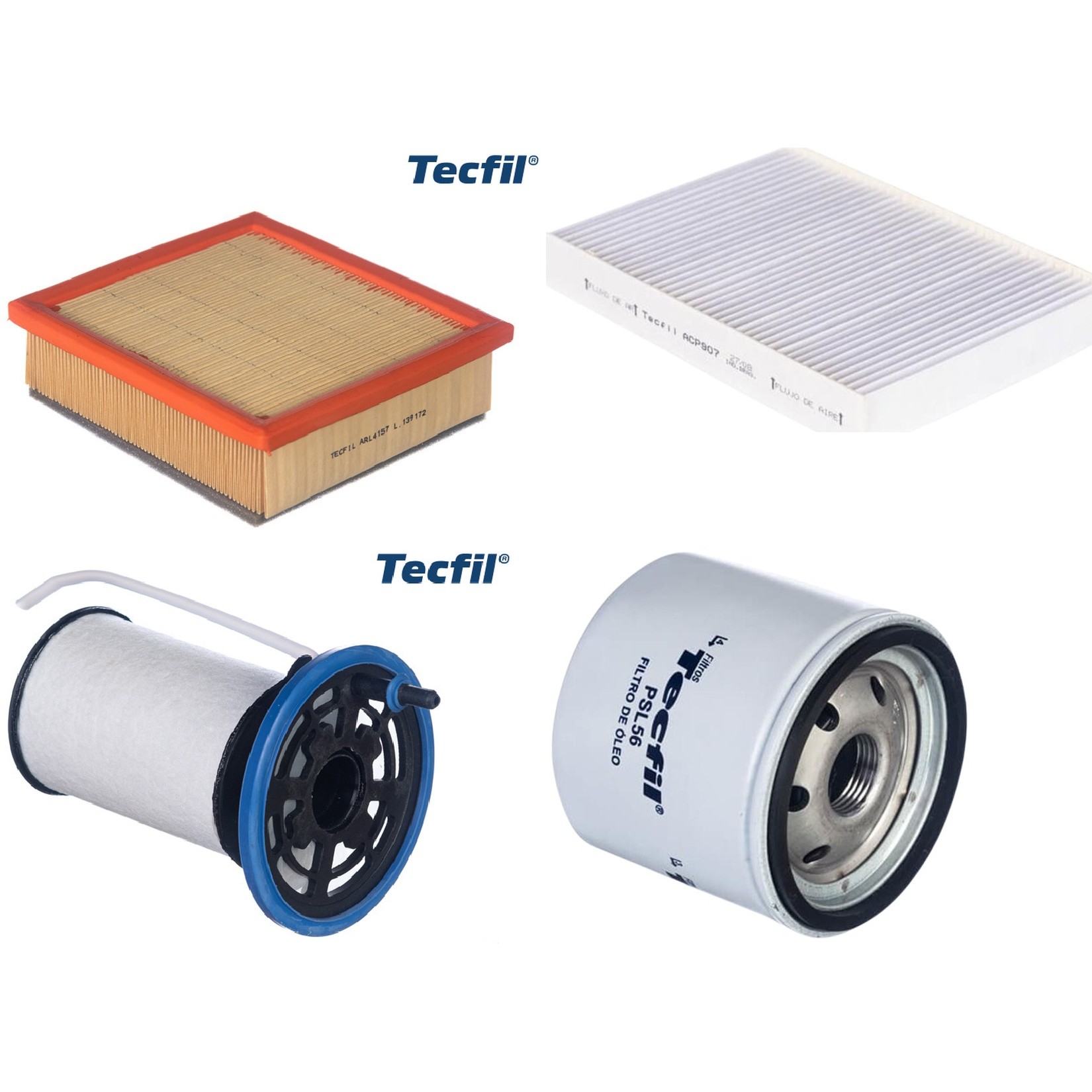 Kit Filtros de Ar do Motor, Óleo, Cabine e Combustível - Tecfil - ACP907 / ARL4157 / PEC3041 / PSL56