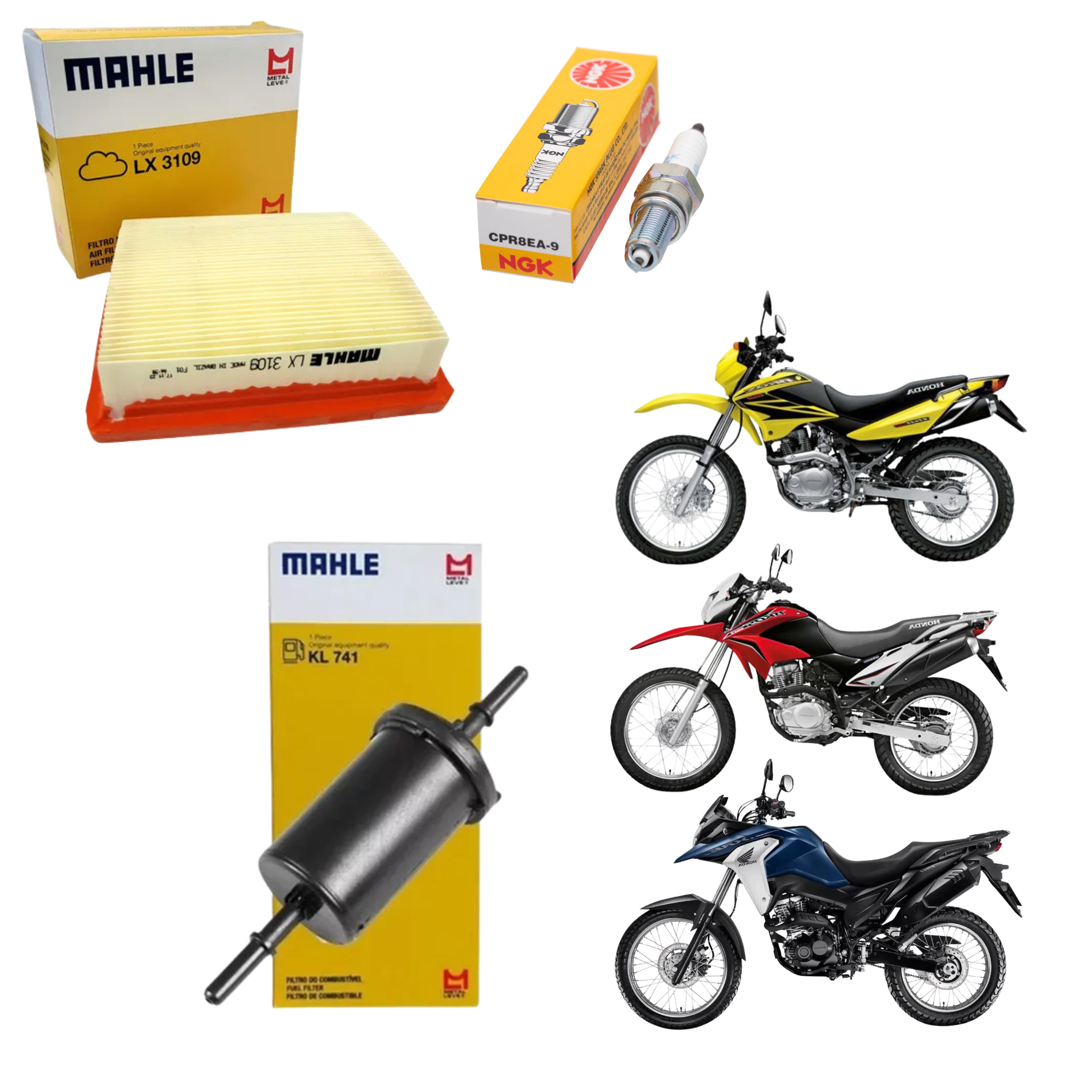 Kit Vela + Filtro de Ar + Filtro Combustível NXR Bross 150 160 XRE 190 Injeção - NGK / Mahle