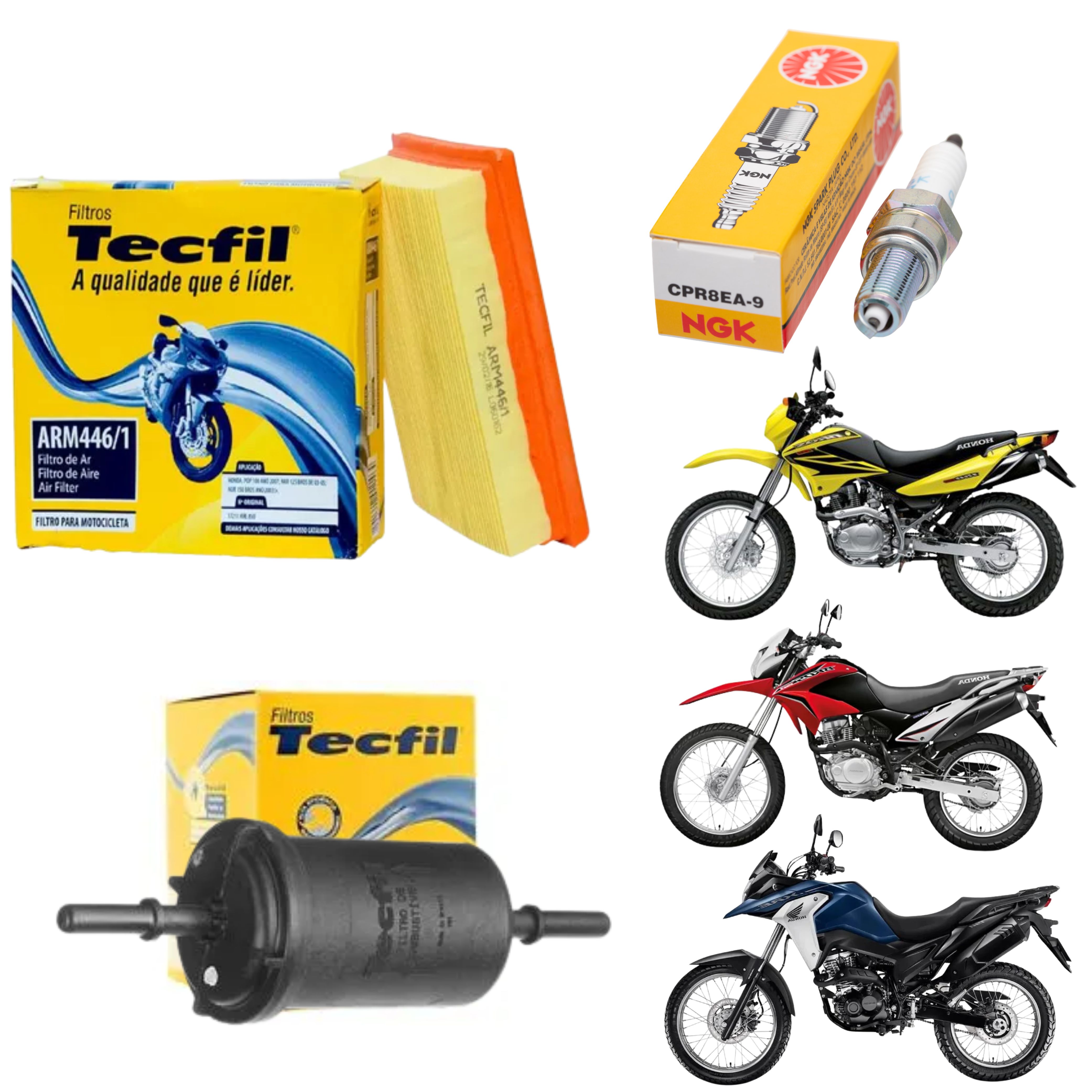 Kit Vela + Filtro de Ar + Filtro Combustível NXR Bross 150 160 XRE 190 Injeção - NGK / Tecfil