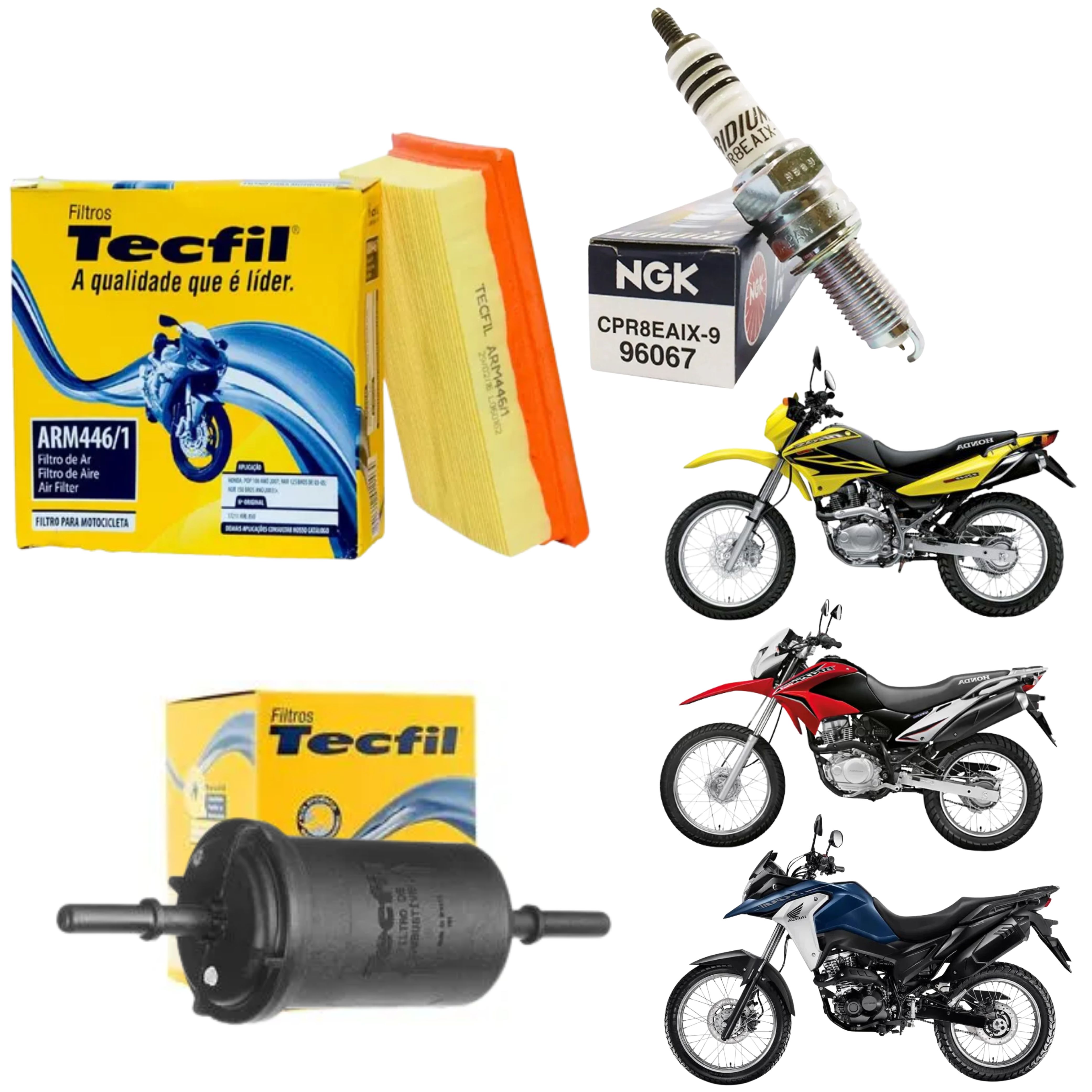 Kit Vela Iridium + Filtro de Ar + Filtro Combustível NXR Bross 150 160 XRE 190 Injeção - NGK / Tecfil