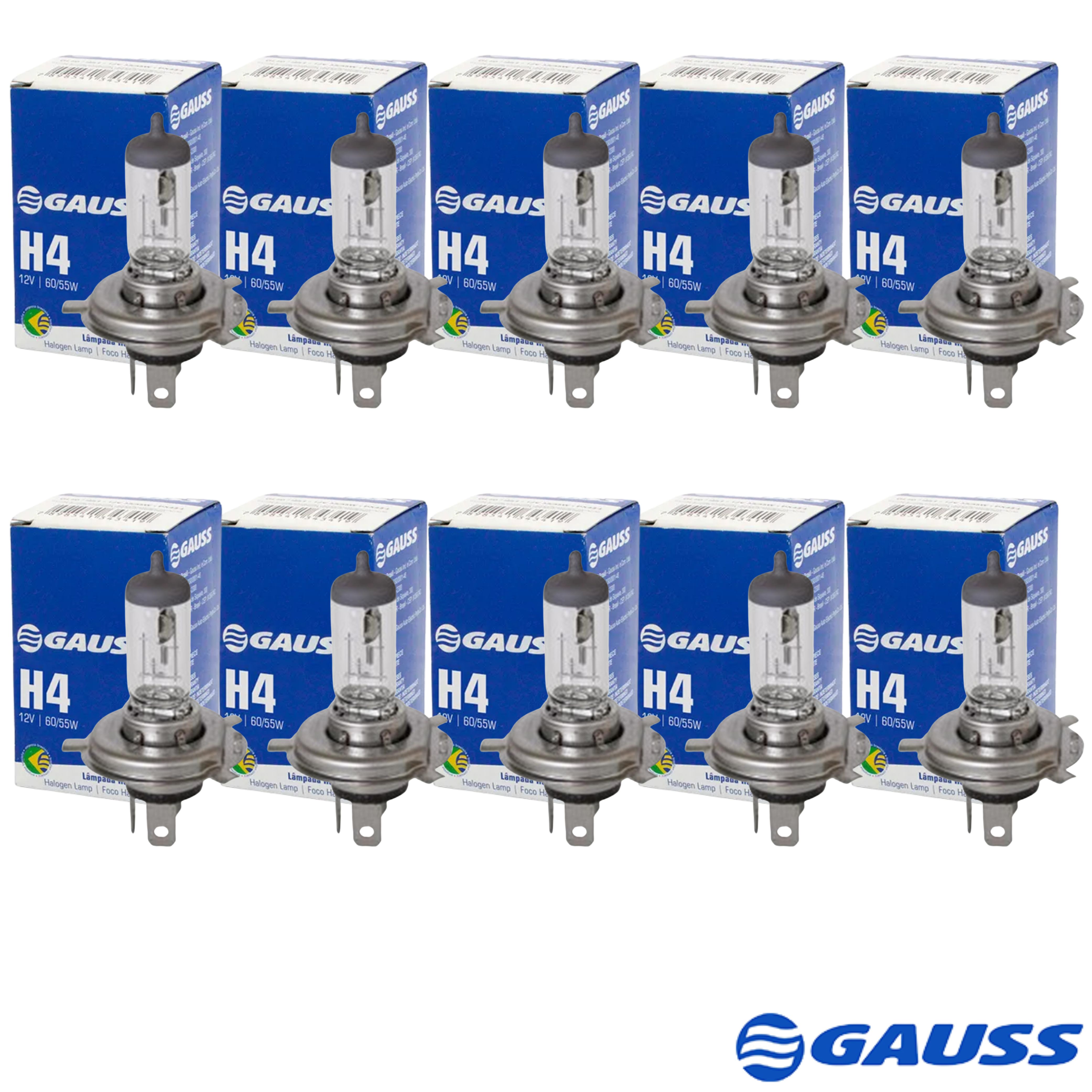 Kit 10 Lâmpadas Farol Alto Baixo H4 60/55W Halógena 12V P43T-38 - Gauss - GL11H4
