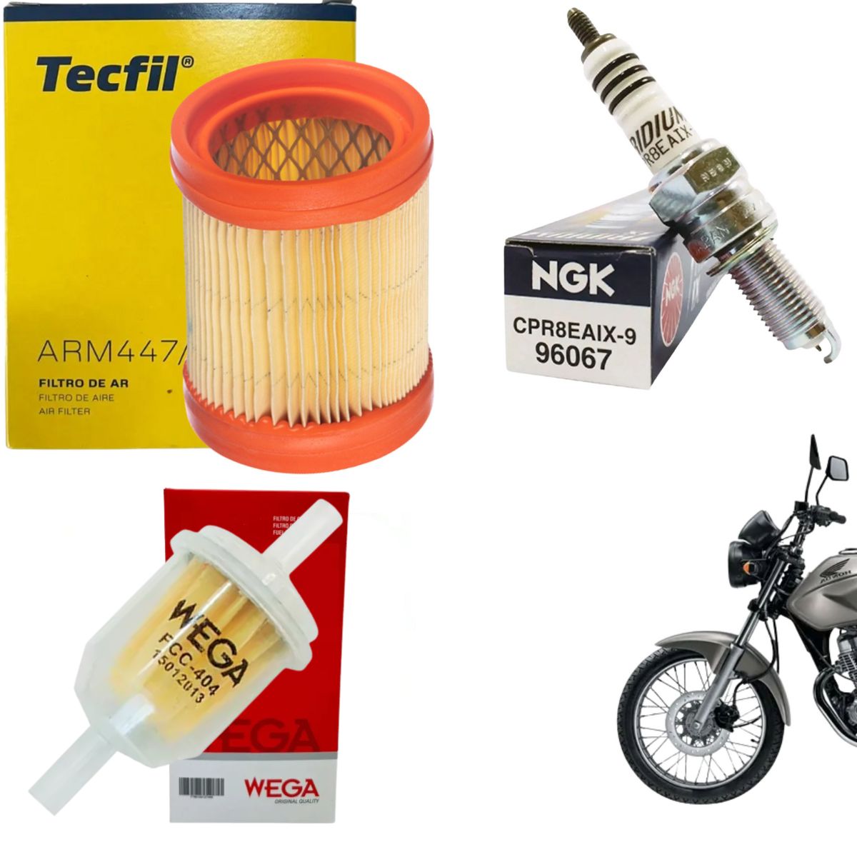 Kit Vela Iridium + Filtro Ar + Combustível Cg 150 2004 05 06 07 2008 Titan KS ES D - NGK / Tecfil / Wega