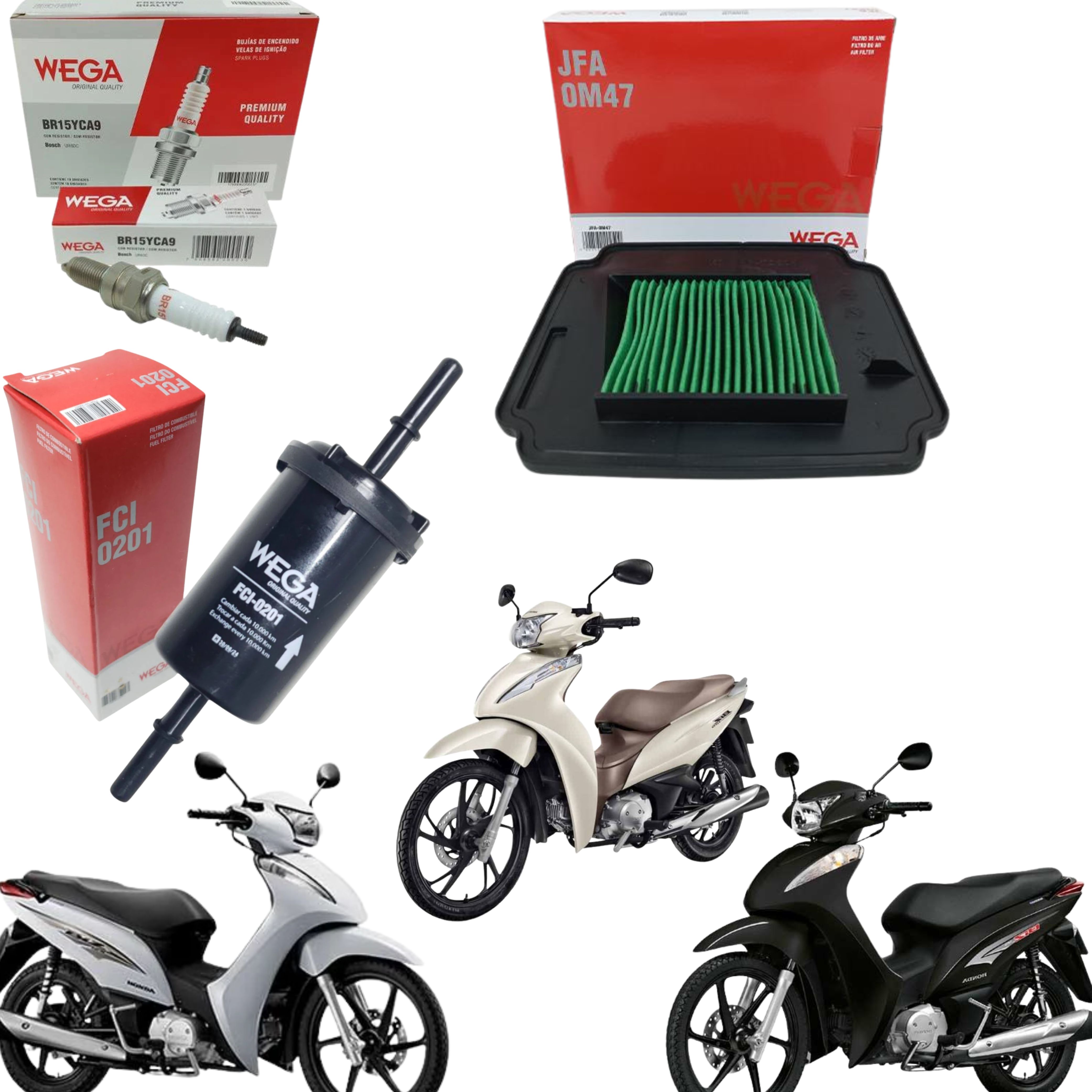 Kit Filtro Ar Combustível e Vela para Honda Biz 125 Flex 2011 a 2025 - Wega
