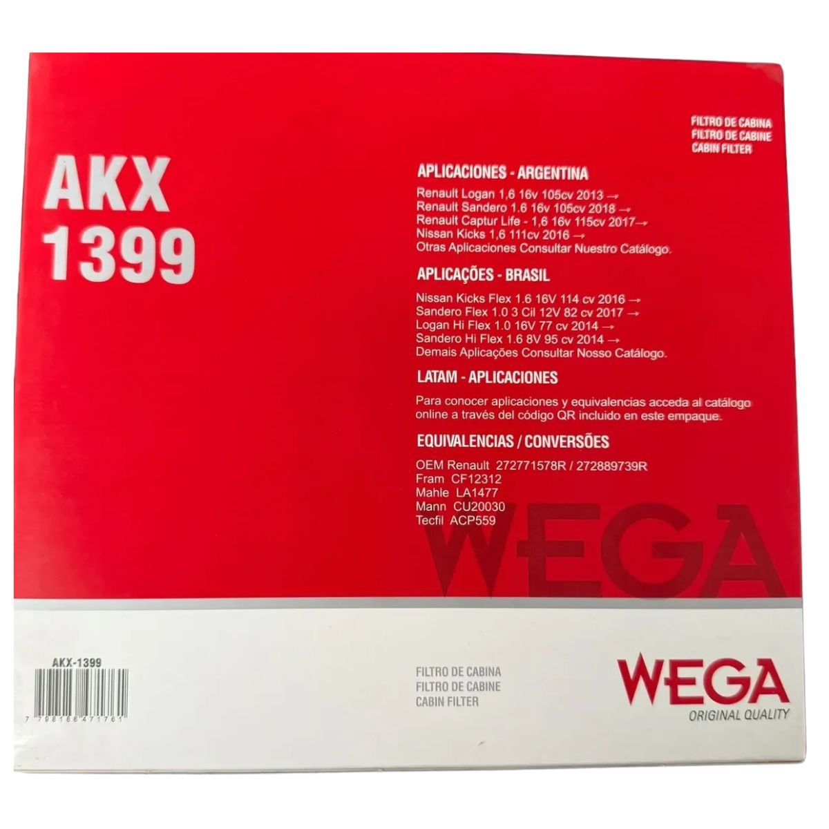 FIltro de Ar Condicionado Cabine - Wega - AKX-1399