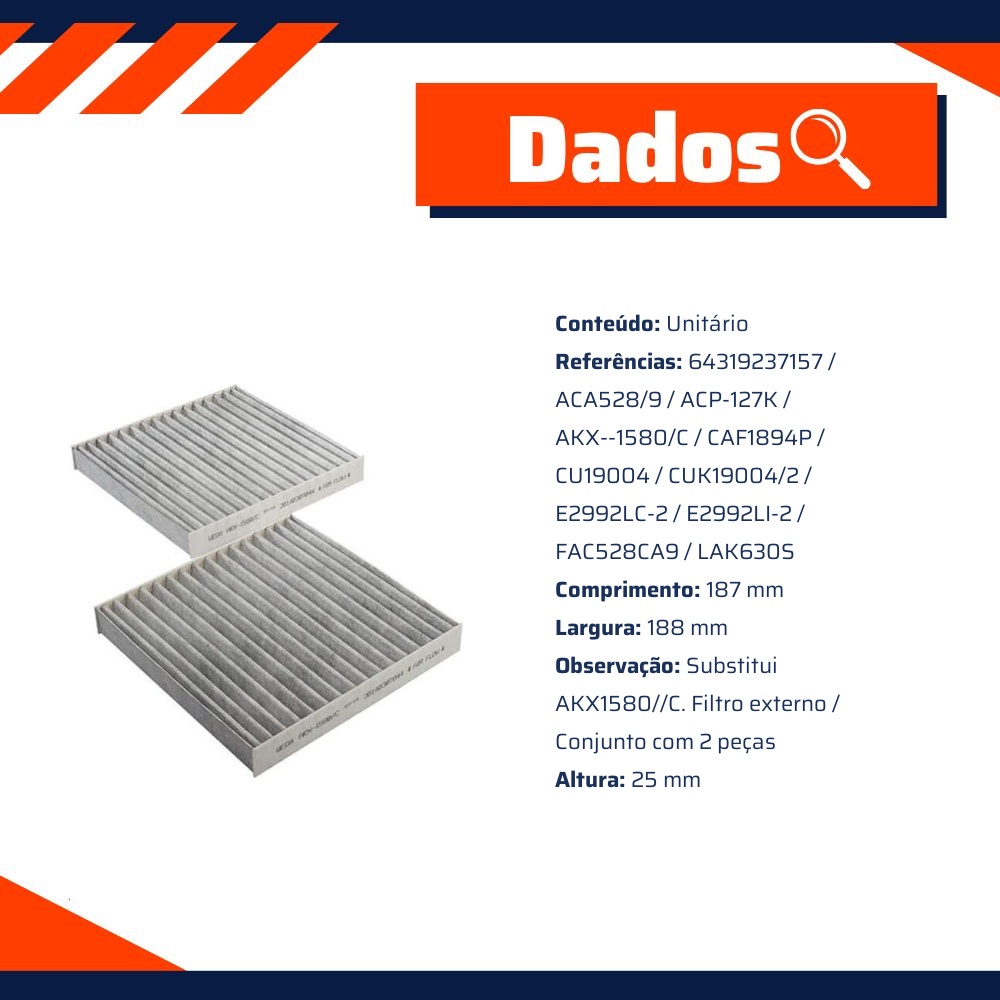 Filtro de Ar da Cabine com Carvão Ativado para BMW X3 e X4 - Wega - AKX-1580/C-2