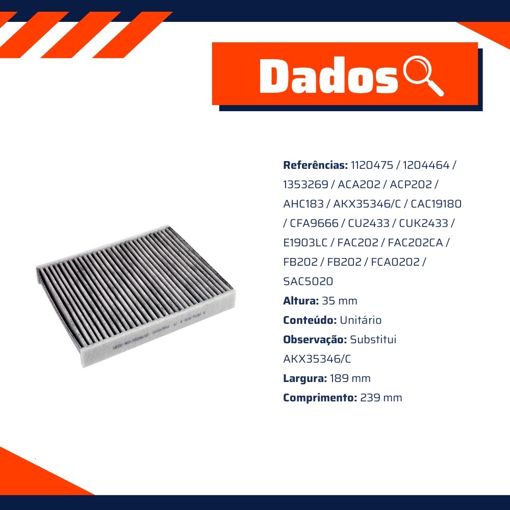 FIltro de Ar Condicionado Cabine com Carvão Ativado - Wega - AKX-35346/CF