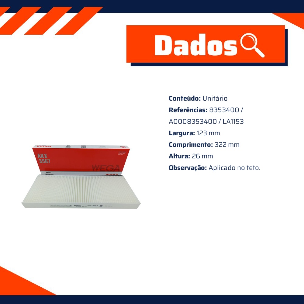 FIltro de Ar Condicionado Cabine - Wega - AKX-3567