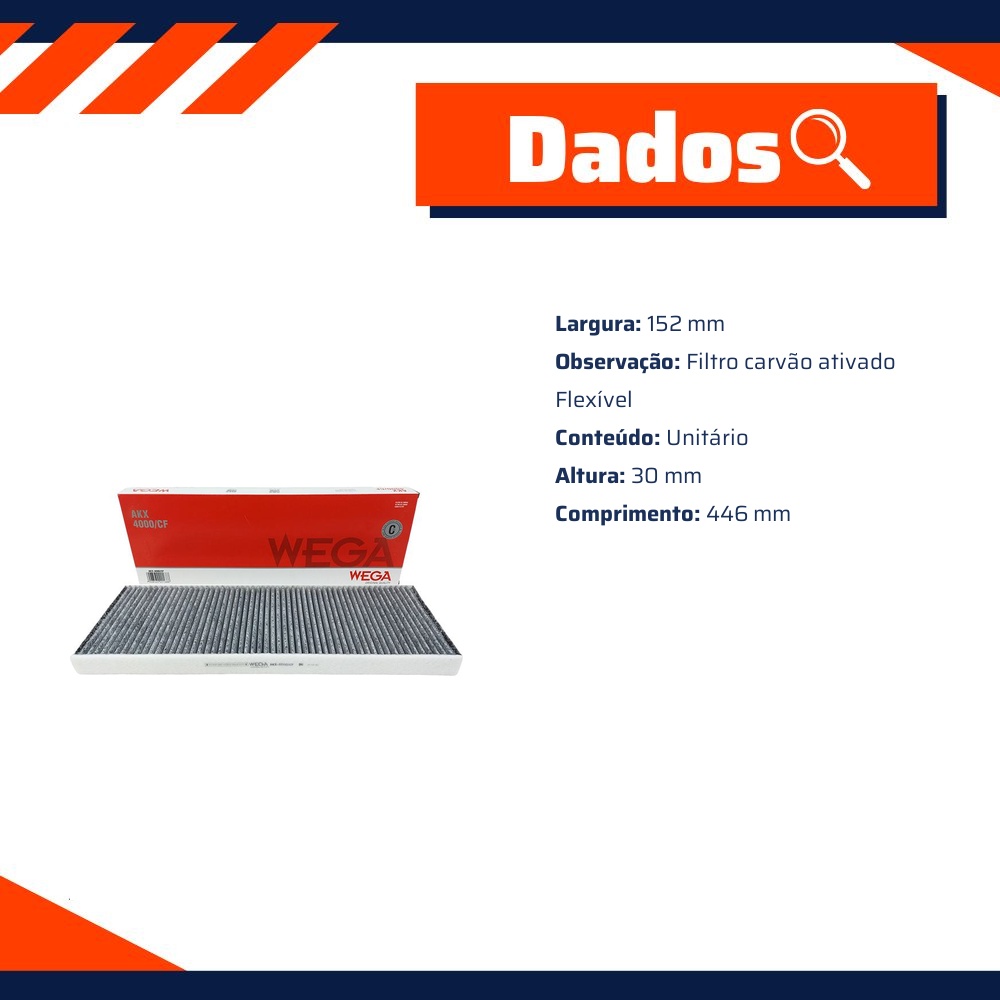 FIltro de Ar Condicionado Cabine com Carvão Ativado - Wega - AKX-4000/CF