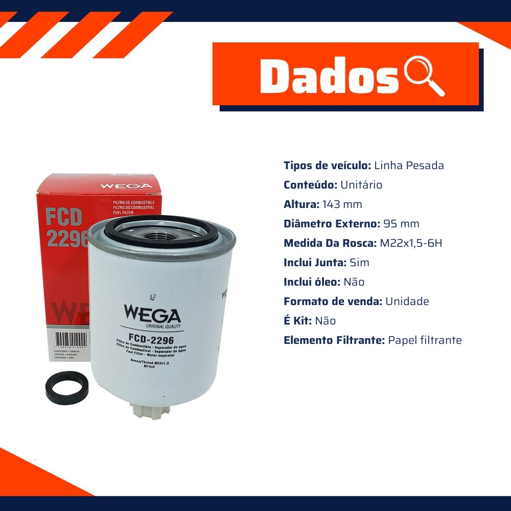 Filtro de Combustível com Dreno - Wega - FCD-2296