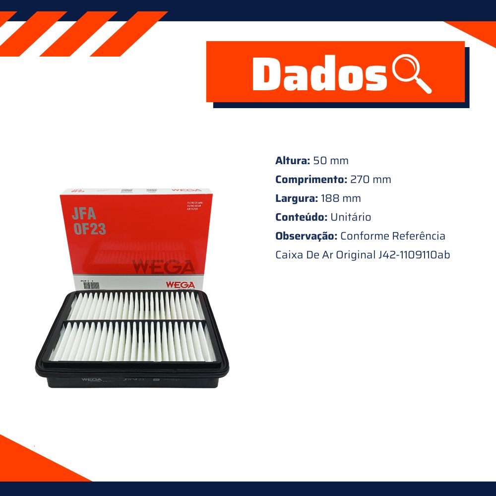 Filtro de Ar para Chery Arrizo 5 e Arrizo 6 - Wega - JFA-0F23