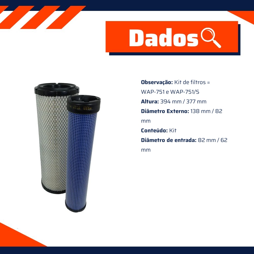 Filtro de Ar Primário e Secundário do Motor - Wega - WAP-751K