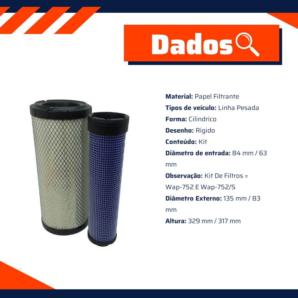 Filtro de Ar Primário e Secundário do Motor - Wega - WAP-752K
