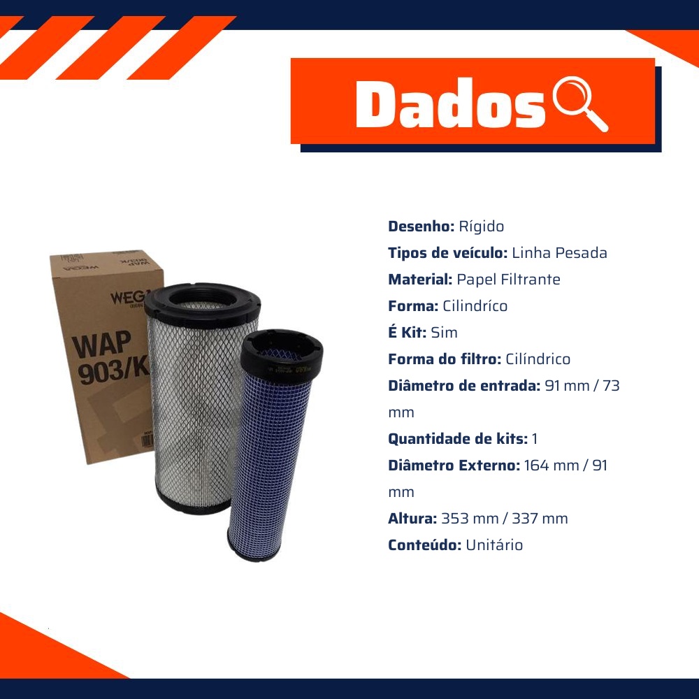 Filtro de Ar Primário e Secundário do Motor - Wega - WAP-903K