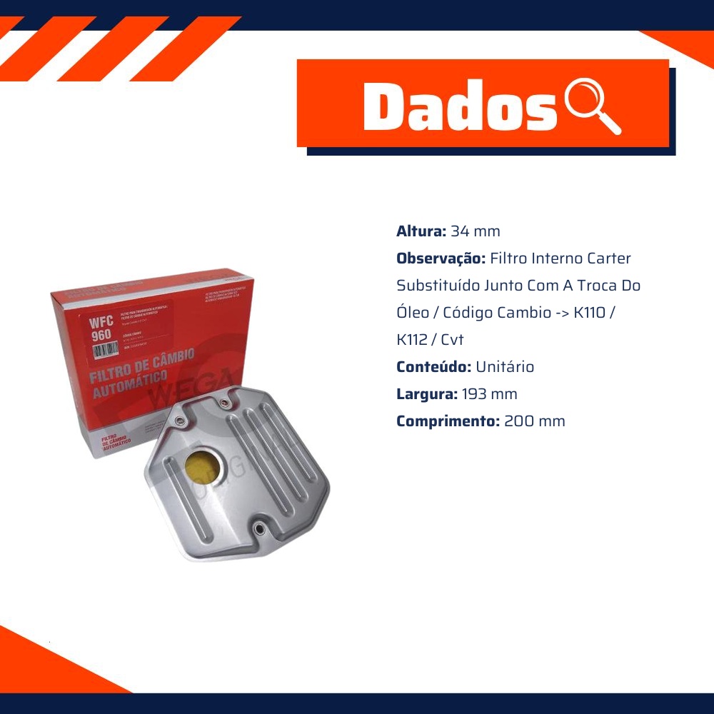 Filtro de Óleo do Câmbio Automático para Toyota Corolla - Wega - WFC-960