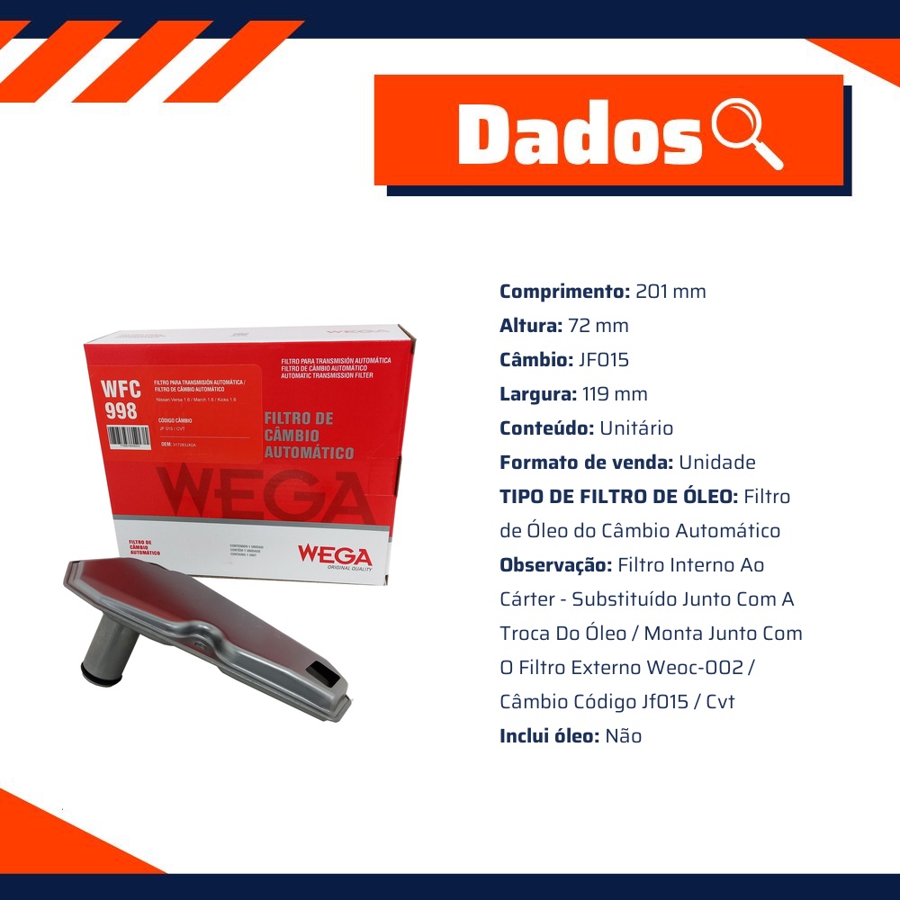 Filtro de Óleo do Câmbio Automático - Wega - WFC-998