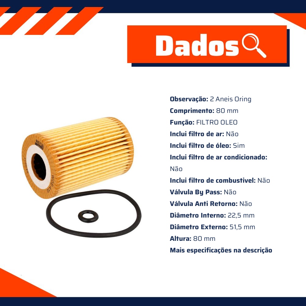 Filtro de Óleo Lubrificante para Mercedes-Benz A 160 e A 190 - Wega - WOE-410