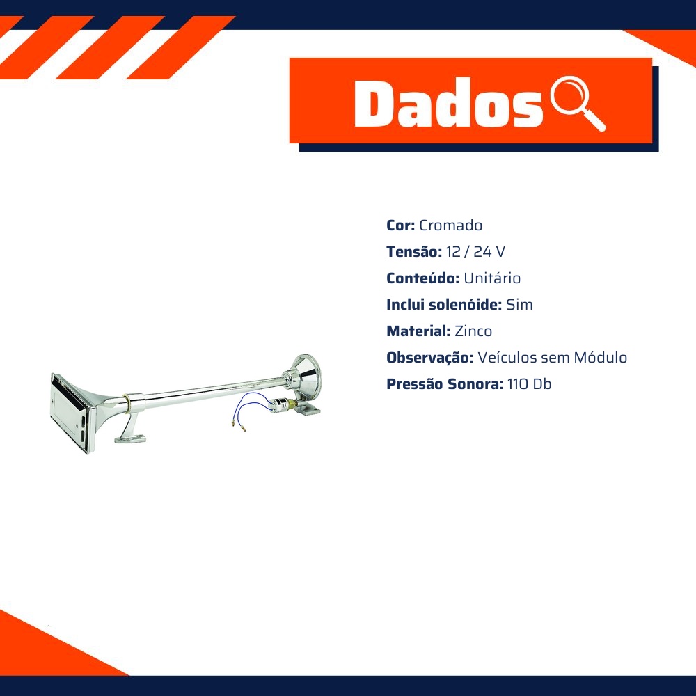 Buzina Corneta Cromada 12/24V - Gauss - GB1094