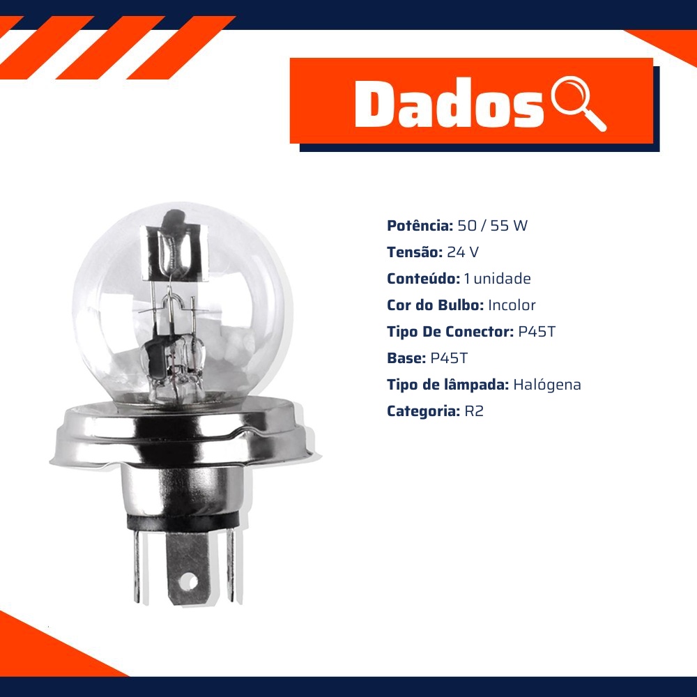 Lâmpada Halogena R2 24V 55/50W C1 Incolor - Gauss - GL5550