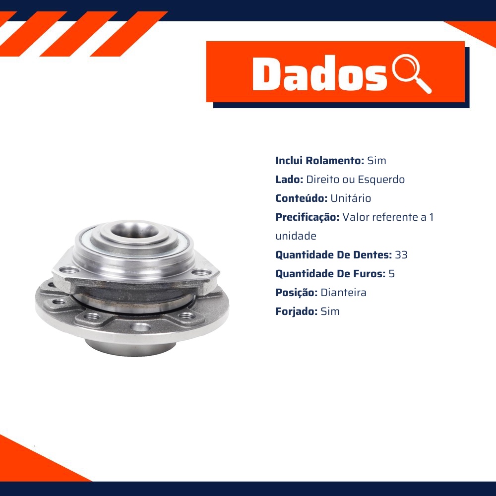 Cubo de Roda Dianteiro 5 Furos 33 Dentes com Rolamento para Chevrolet Astra Sedan e Zafira - Cobra Automotiva - CR-408 C