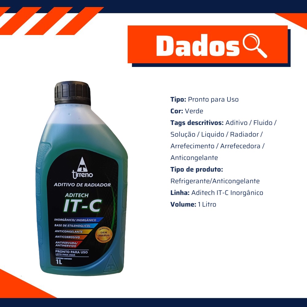 Aditivo para Radiador Verde Tirreno Aditech IT-C Inorgânico Pronto para Uso 1 Litro - Tirreno - FLU/DS/308FU1