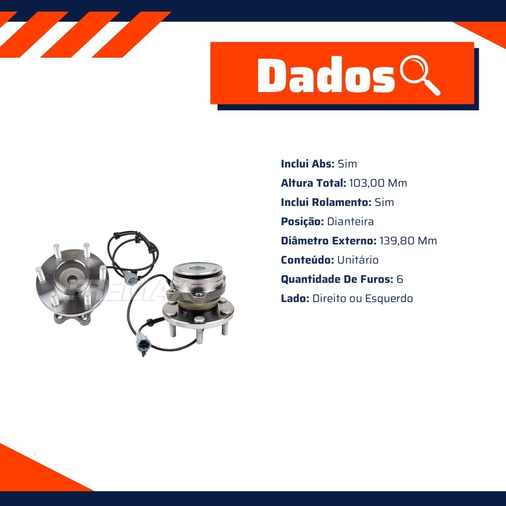 Cubo de Roda Dianteiro Direito ou Esquerdo 6 Furos com Rolamento e ABS - Fremax - FWB0563