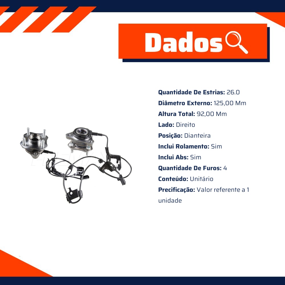Cubo de Roda Dianteiro Direito 4 Furos com Rolamento e ABS - Fremax - FWB0790