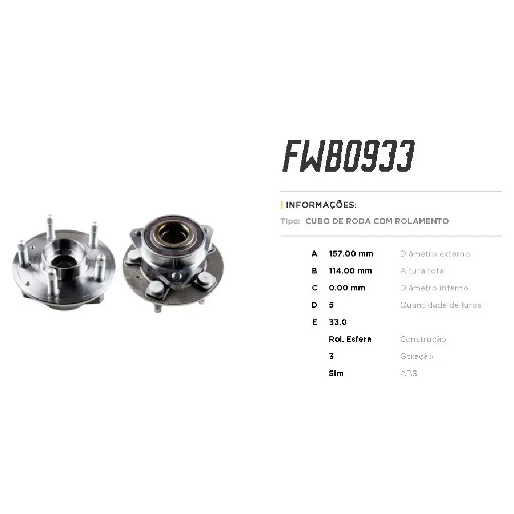 Cubo de Roda Traseiro Direito ou Esquerdo 5 Furos com Rolamento e ABS para Chevrolet Camaro - Fremax - FWB0933