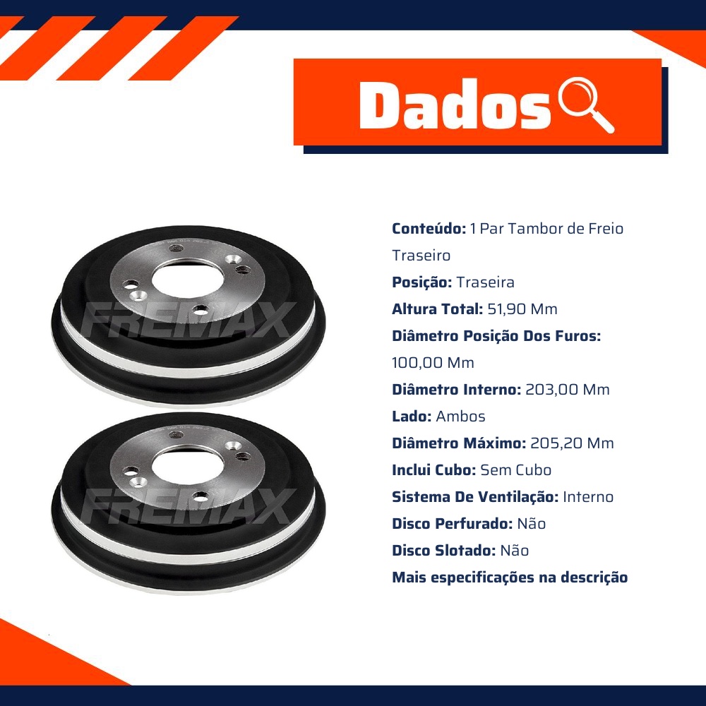 Par de Tambor de Freio Traseiro - Fremax - BD5204
