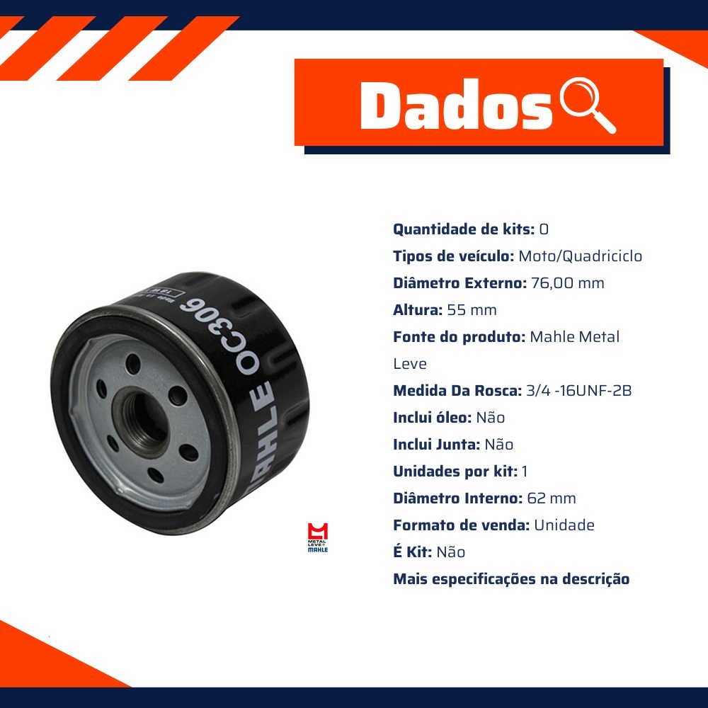 Filtro Blindado de Óleo Lubrificante - Mahle Metal Leve - OC306