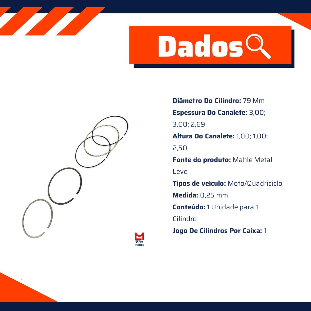 Jogo de Anéis do Pistão 0,25 1 Cilindro para Honda CB 300 e XRE 300 - Mahle Metal Leve - TA.9117 0,25