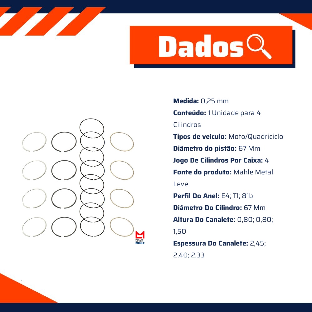 Jogo de Anéis do Pistão 0,25 4 Cilindros para Honda CB 600F Hornet - Mahle Metal Leve - TR.9279 0,25