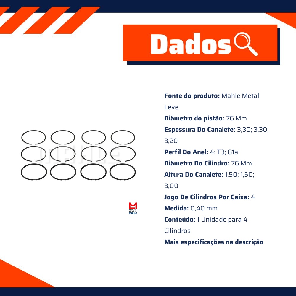 Jogo de Anéis do Pistão 0,40 4 Cilindros - Mahle Metal Leve - SNA.6983 0,40