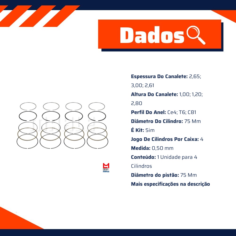 Jogo de Anéis do Pistão 0,50 4 Cilindros para Honda Civic - Mahle Metal Leve - AA.7589 0,50