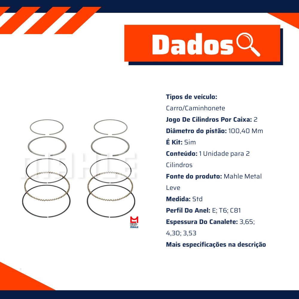 Jogo de Anéis do Pistão STD 2 Cilindros para Ford Ranger - Mahle Metal Leve - TA.7584 STD