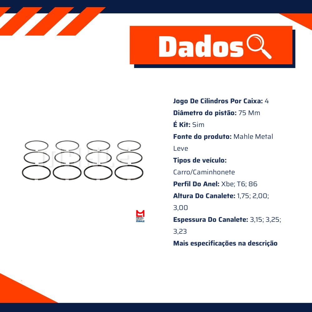 Jogo de Anéis do Pistão STD 4 Cilindros para Peugeot 205 - Mahle Metal Leve - LD.7256 STD